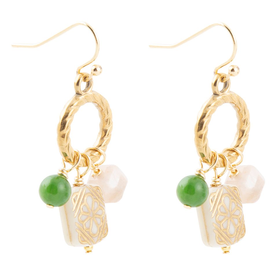 Green Jade and Pink Sunstone Golden Drop Earrings detail view by Barse Jewelry