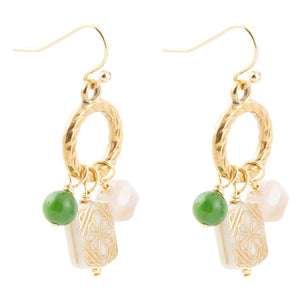 Green Jade and Pink Sunstone Golden Drop Earrings detail view by Barse Jewelry