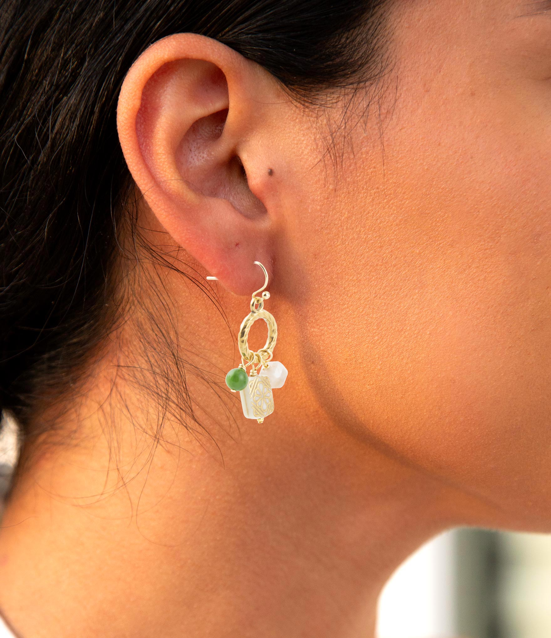 Green Jade and Pink Sunstone Golden Drop Earrings detail view by Barse Jewelry