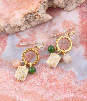 Green Jade and Pink Sunstone Golden Drop Earrings detail view by Barse Jewelry