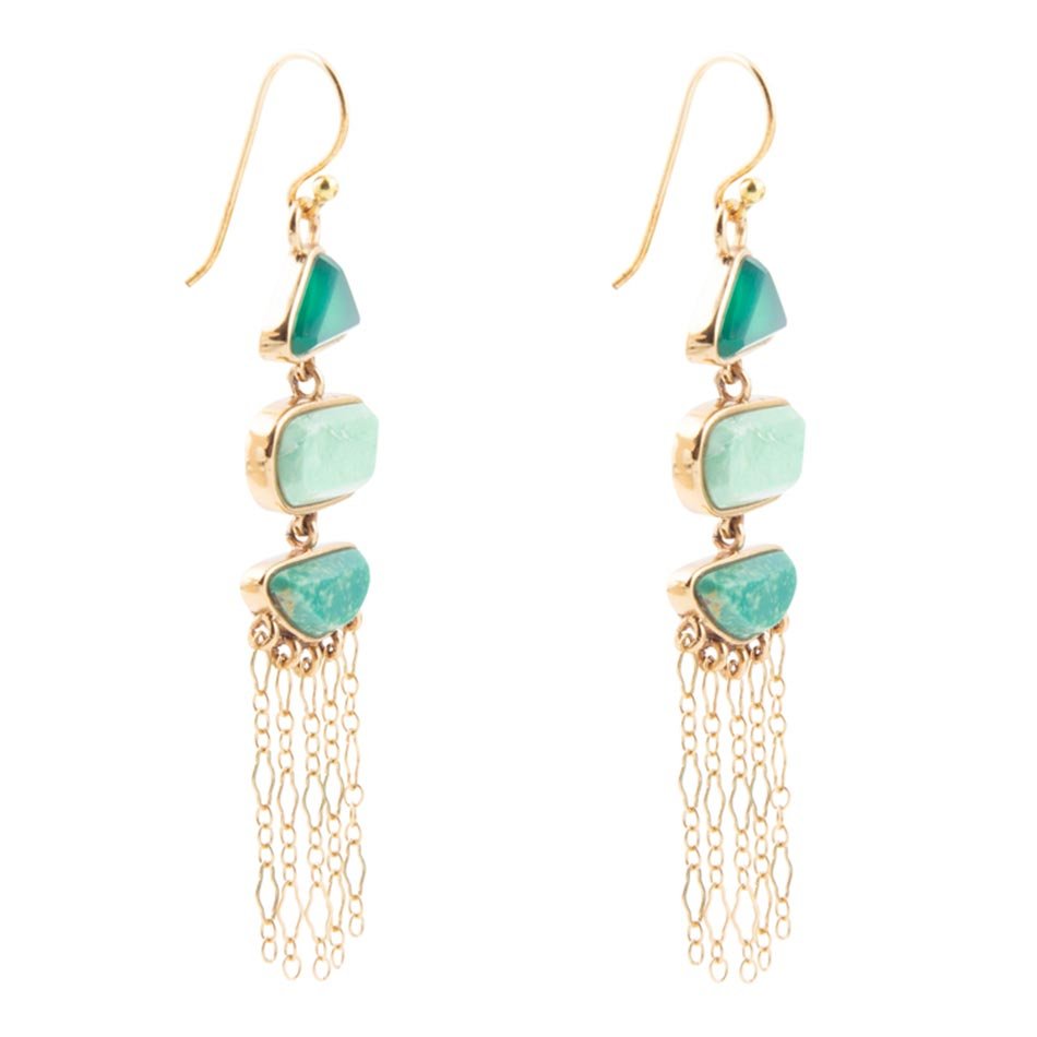 Green Multi Stone Golden Drop Earrings detail view by Barse Jewelry