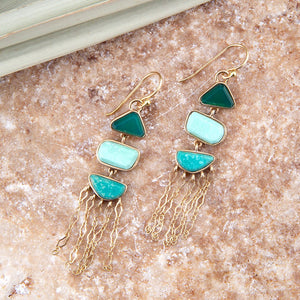Green Multi Stone Golden Drop Earrings detail view by Barse Jewelry
