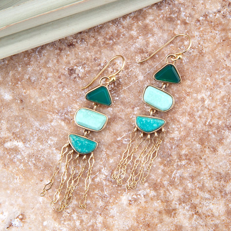 Green Multi Stone Golden Drop Earrings detail view by Barse Jewelry