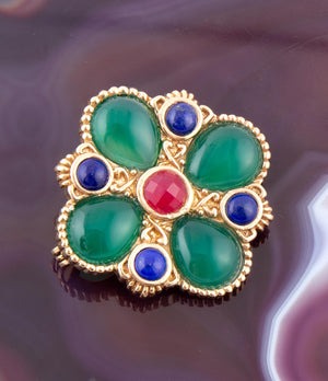 Green Onyx Mixed Stone Golden Brooche detail view by Barse Jewelry