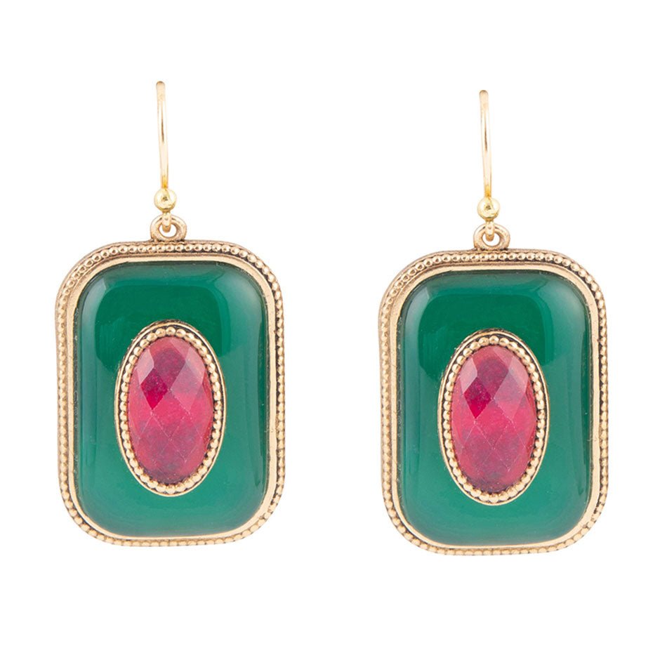 Green Onyx Stacked Red Stone Golden Drop Earrings by Barse Jewelry