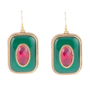 Green Onyx Stacked Red Stone Golden Drop Earrings by Barse Jewelry