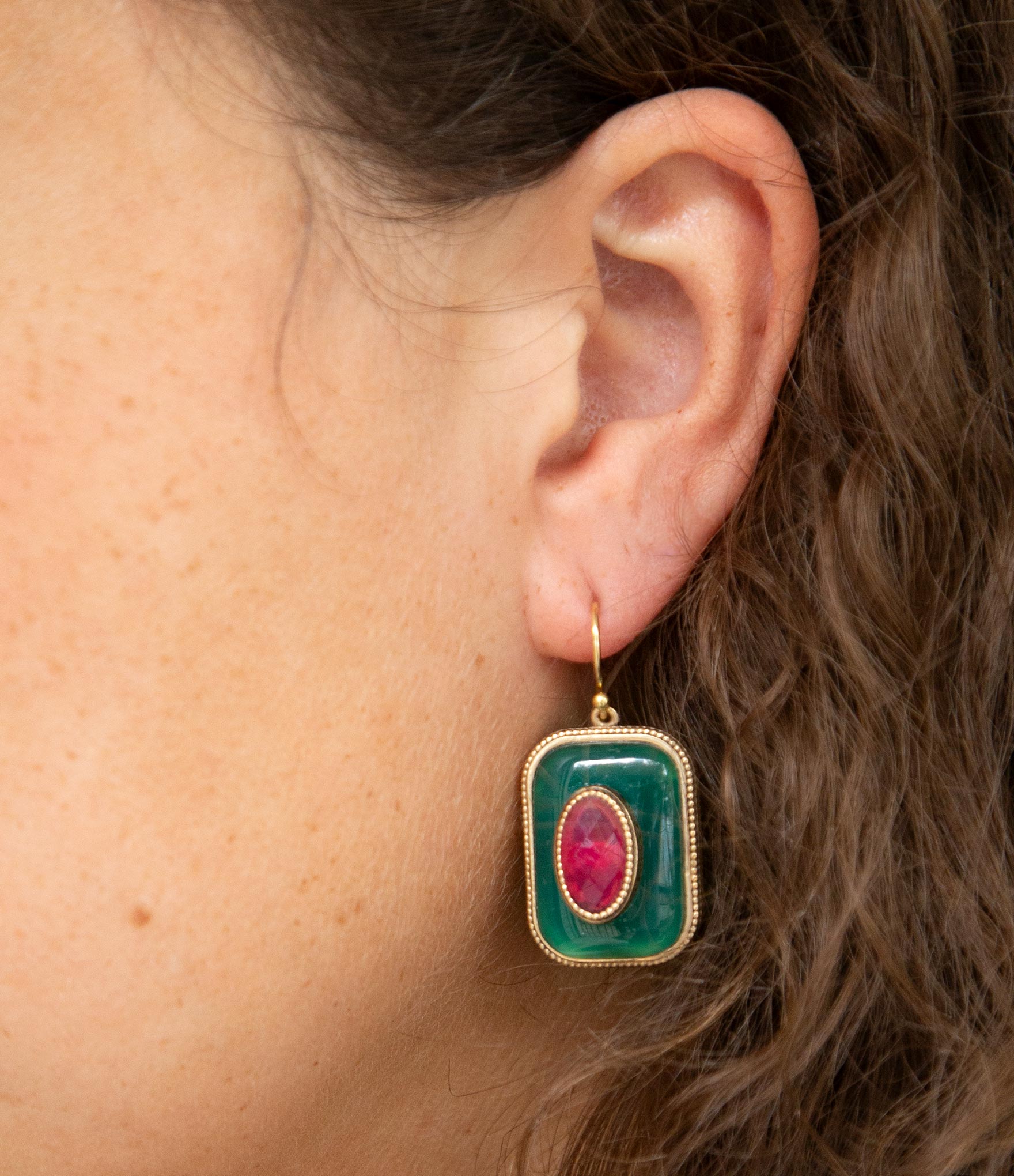Green Onyx Stacked Red Stone Golden Drop Earrings detail view by Barse Jewelry