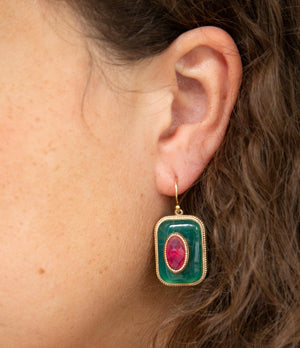 Green Onyx Stacked Red Stone Golden Drop Earrings detail view by Barse Jewelry
