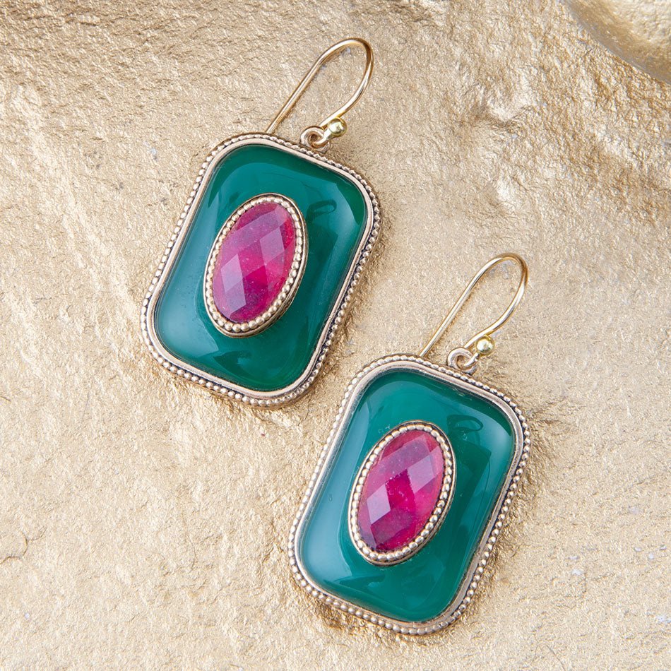 Green Onyx Stacked Red Stone Golden Drop Earrings detail view by Barse Jewelry