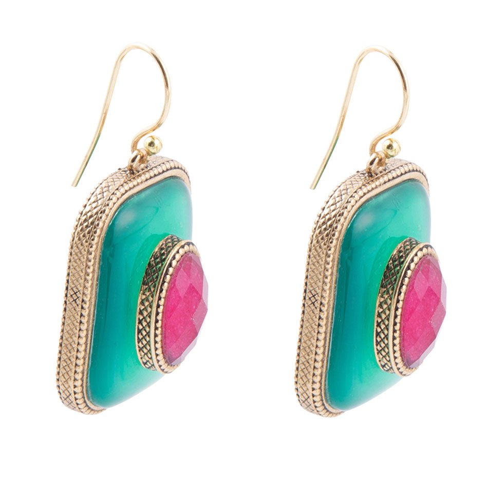 Green Onyx Stacked Red Stone Golden Drop Earrings detail view by Barse Jewelry