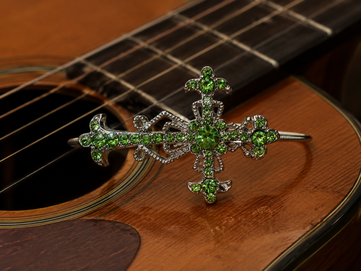 Green Rhinestone Cross Guitar String Bracelet by N Harmony Jewelry, handmade jewelry detail photo 3
