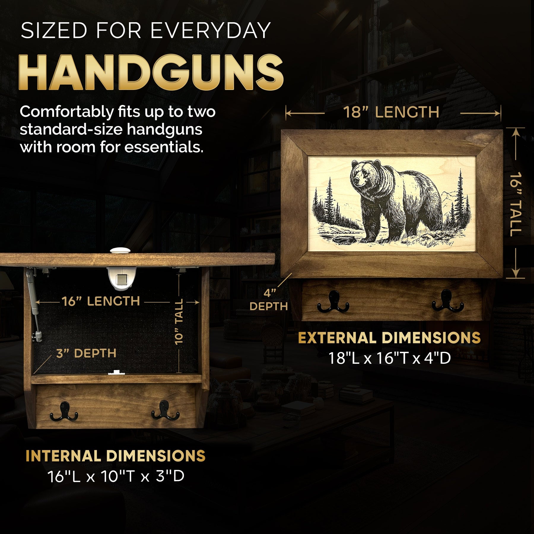 Grizzly Bear Gun Concealment Furniture - Handcrafted Hidden Gun Storage Wall Decor - Hidden Safe Furniture with Magnetic Lock
