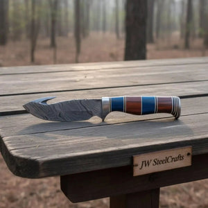 Custom Handmade Hunting Gut Hook Skinner Knife. by JW SteelCrafts, Damascus knife main product photo