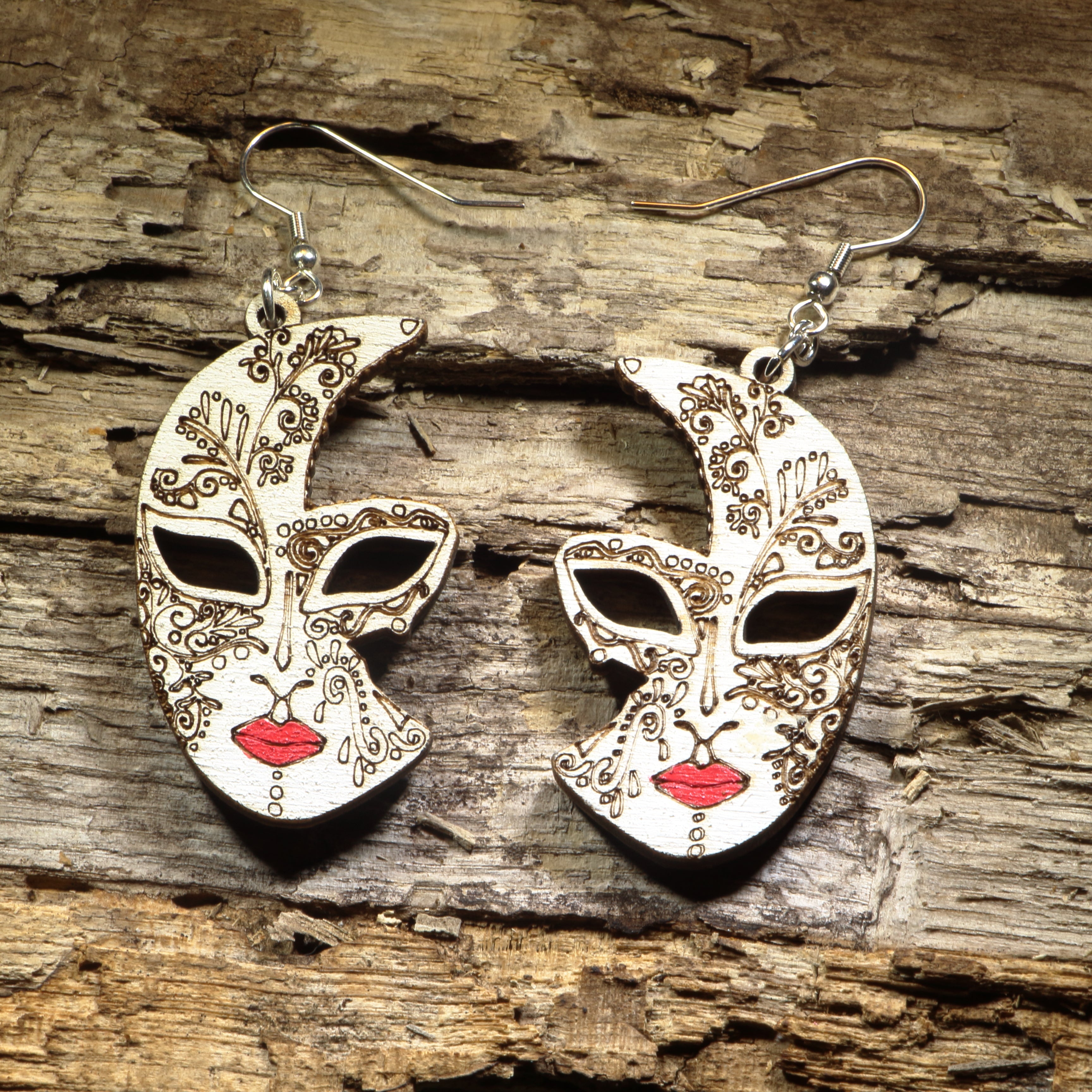 Venetian Half Mask Wooden Dangle Earrings | Masquerade Jewelry by Cate's Concepts, LLC