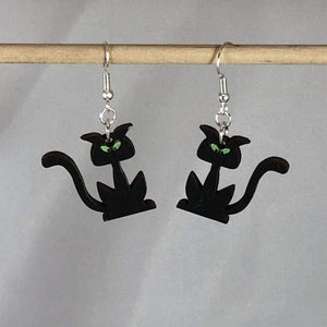 Halloween Black Cat Silhouette Wooden Dangle Earrings | Spooky Jewelry by Cate's Concepts, LLC, handmade jewelry detail photo 2