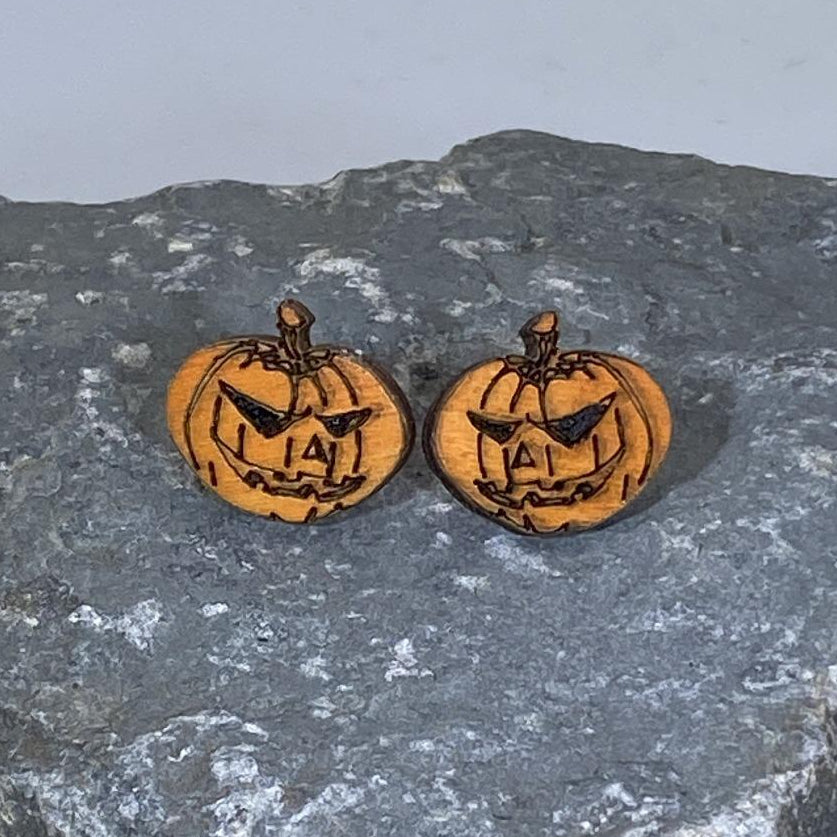 Jack-O-Lantern Wooden Dangle Earrings | Halloween Spooky Jewelry detail view by Cate's Concepts, LLC