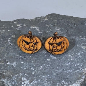Jack-O-Lantern Wooden Dangle Earrings | Halloween Spooky Jewelry detail view by Cate's Concepts, LLC