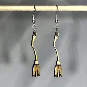 Witch Broom Wooden Dangle Earrings | Halloween Spooky Jewelry by Cate's Concepts, LLC, handmade jewelry detail photo 2