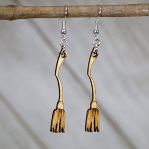 Witch Broom Wooden Dangle Earrings | Halloween Spooky Jewelry by Cate's Concepts, LLC, handmade jewelry main product photo