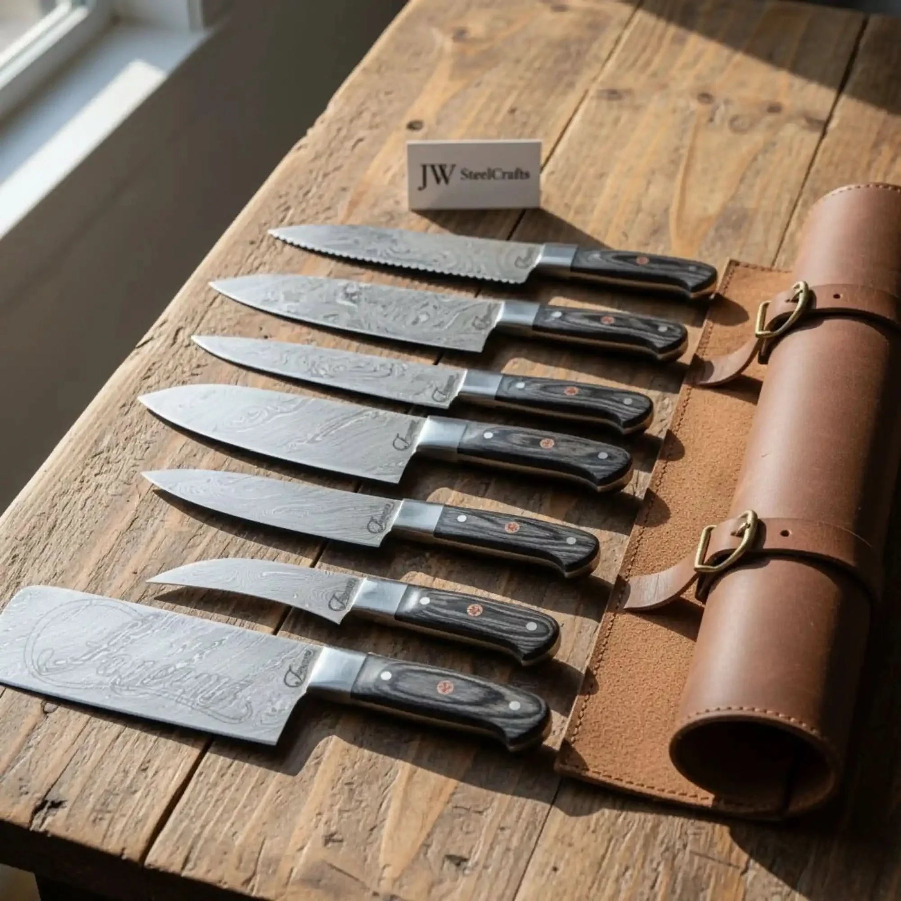 7-Piece Hammer Forged Damascus Chef Knife Set with Black Pakka Wood Handles detail view by JW SteelCrafts