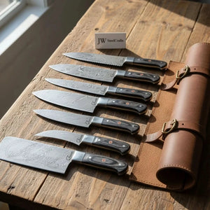 7-Piece Hammer Forged Damascus Chef Knife Set with Black Pakka Wood Handles detail view by JW SteelCrafts