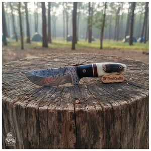 Skinner Knife Damascus Steel Ram Horn Handle 3.5 Inch Blade Hunting Knife by JW SteelCrafts, Damascus knife main product photo
