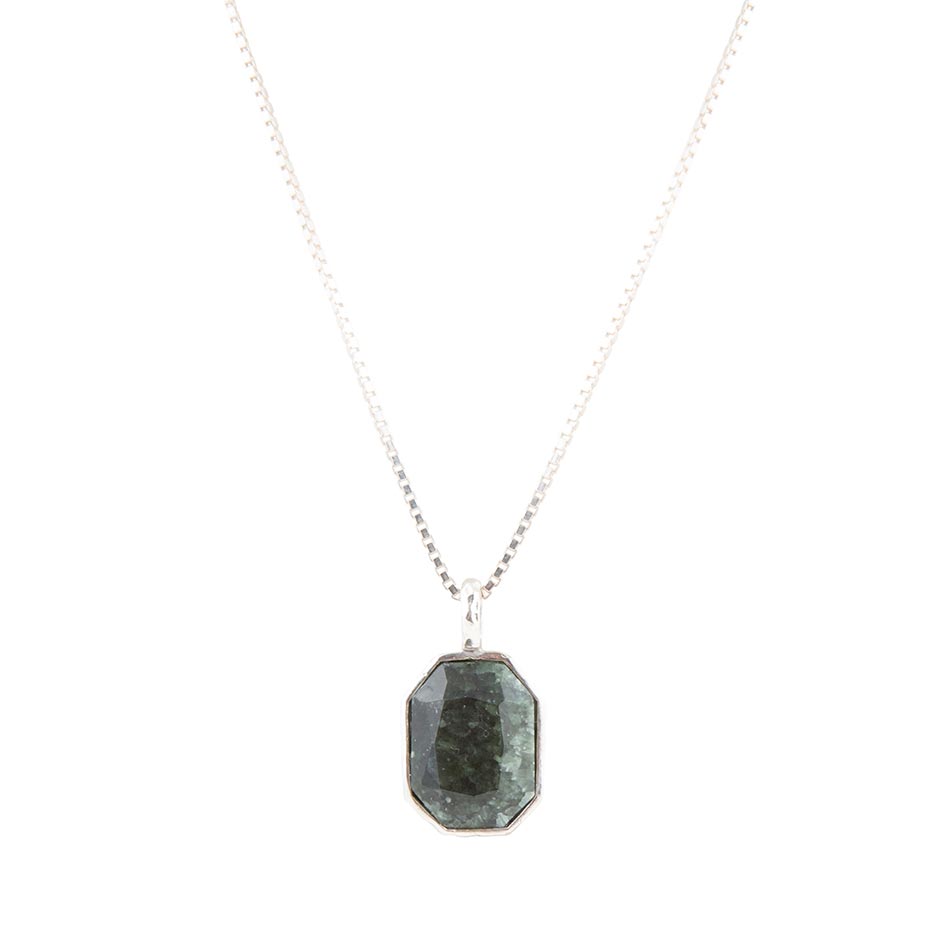 Hammered Green Seraphinite and Sterling Silver Pendant Necklace by Barse Jewelry