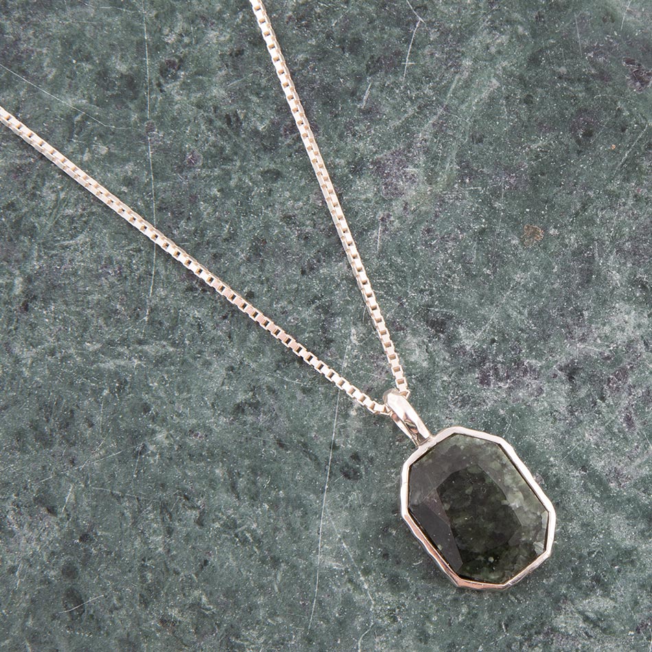 Hammered Green Seraphinite and Sterling Silver Pendant Necklace detail view by Barse Jewelry