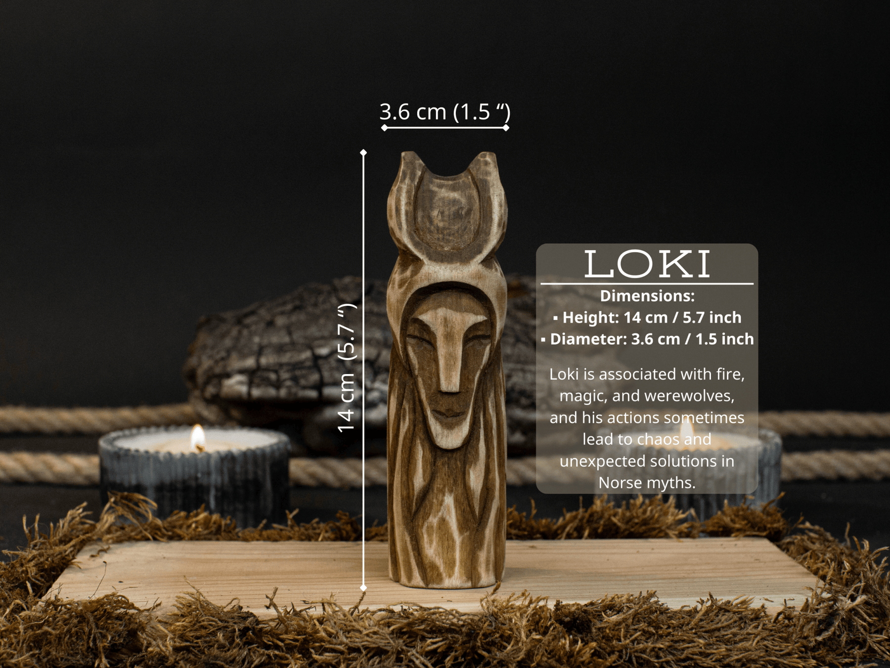 Hand-Carved Loki Figurine – 14 cm (5.7 inches) Wooden Norse God of Mischief Statue detail view by Sharky Forged Steel Tools
