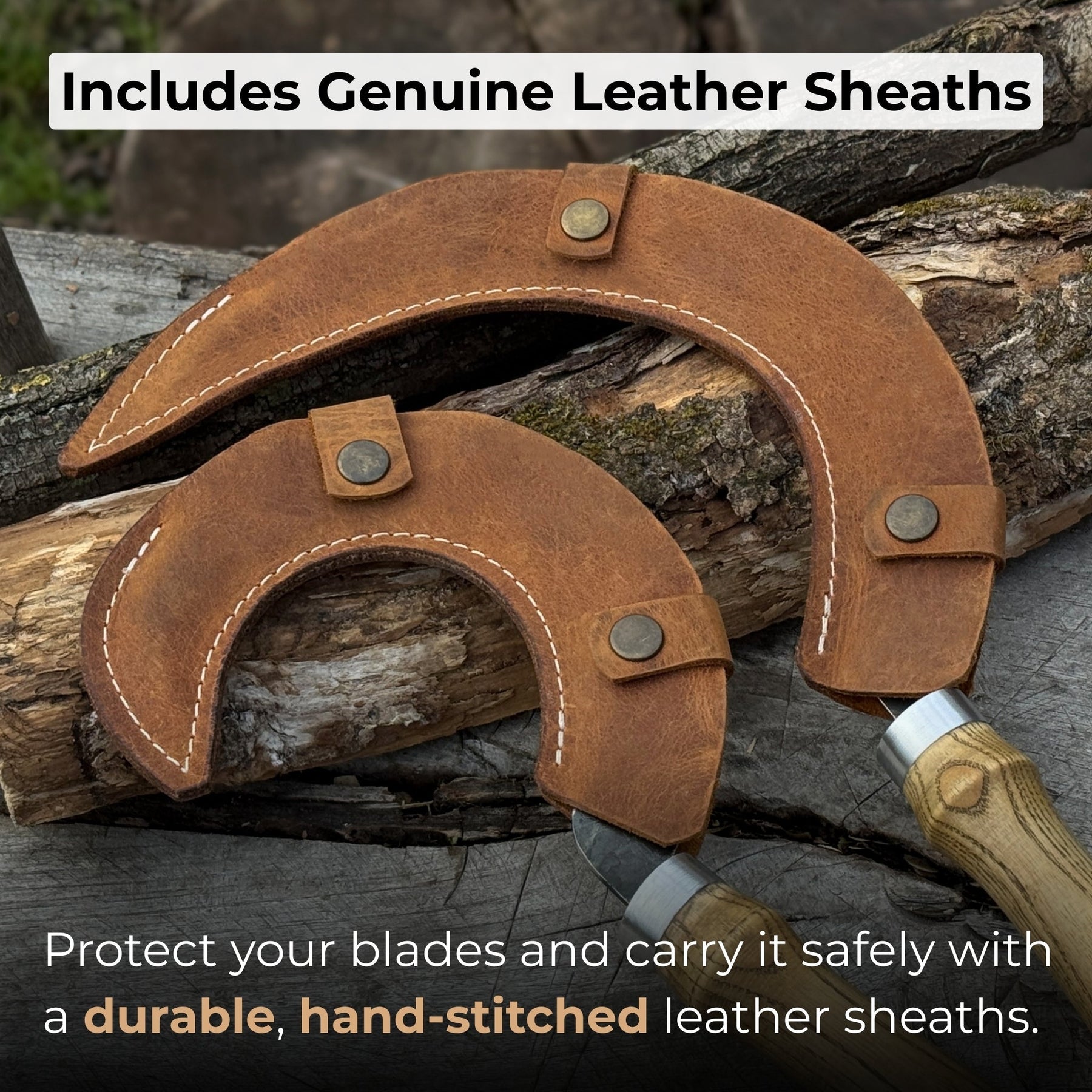Hand-Forged 2-Piece Sickle Set with Leather Sheaths detail view by Sharky Forged Steel Tools