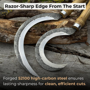 Hand-Forged 2-Piece Sickle Set with Leather Sheaths detail view by Sharky Forged Steel Tools