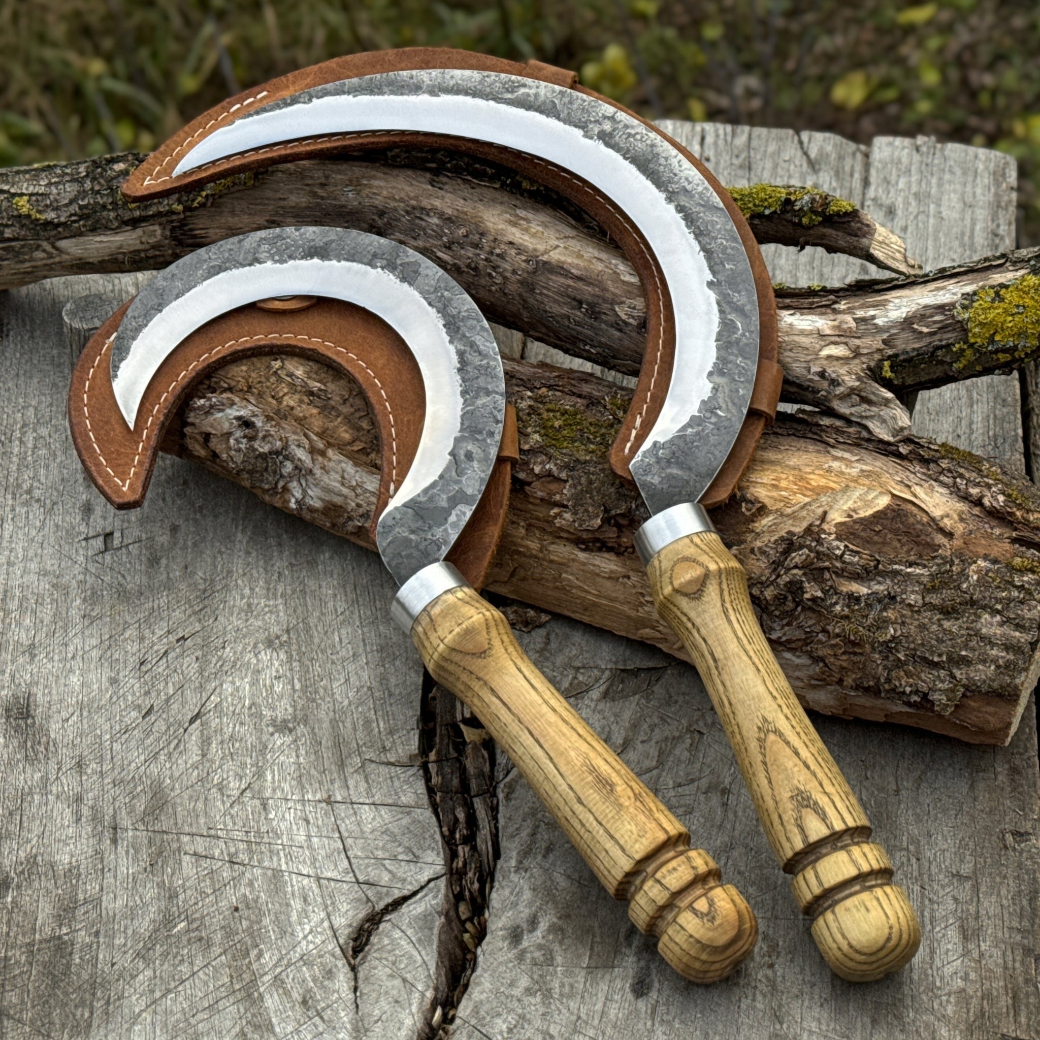 Hand-Forged 2-Piece Sickle Set with Leather Sheaths by Sharky Forged Steel Tools
