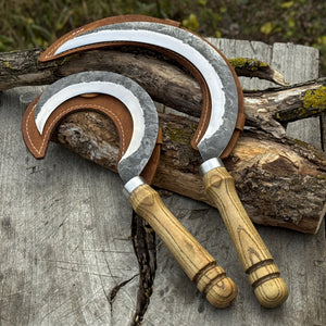 Hand-Forged 2-Piece Sickle Set with Leather Sheaths by Sharky Forged Steel Tools