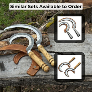 Hand-Forged 2-Piece Sickle Set with Leather Sheaths detail view by Sharky Forged Steel Tools