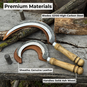 Hand-Forged 2-Piece Sickle Set with Leather Sheaths detail view by Sharky Forged Steel Tools