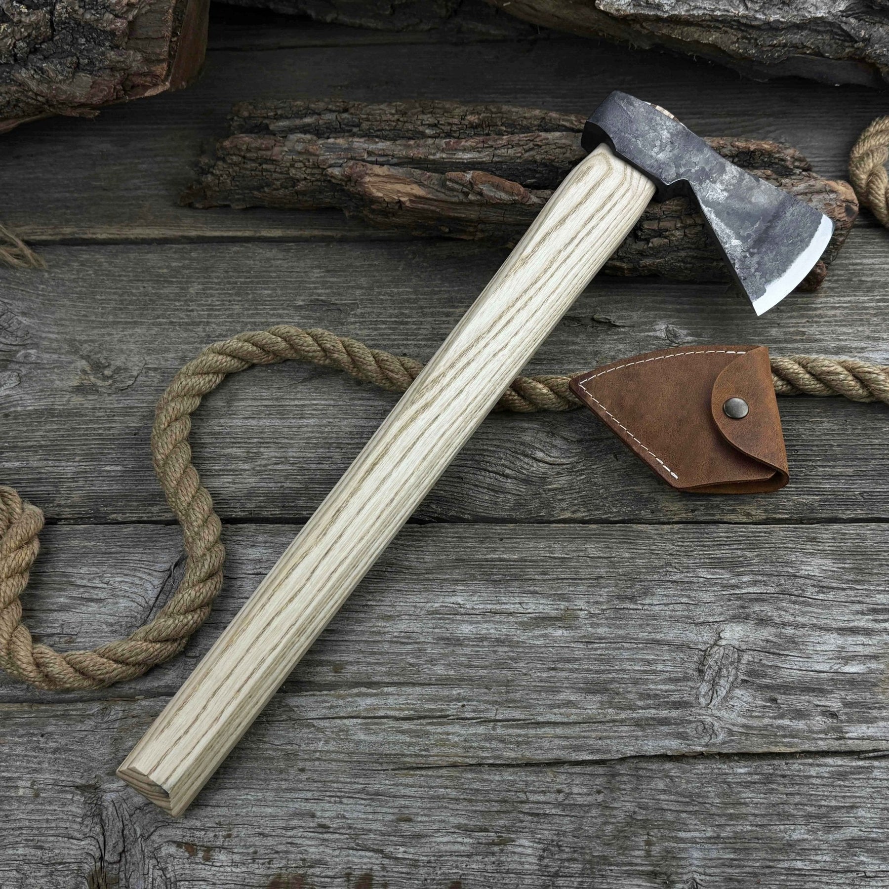 Hand-Forged Bushcraft Hatchet with Leather Back Sheath, 0.74 kg (1.63 lb) detail view by Sharky Forged Steel Tools