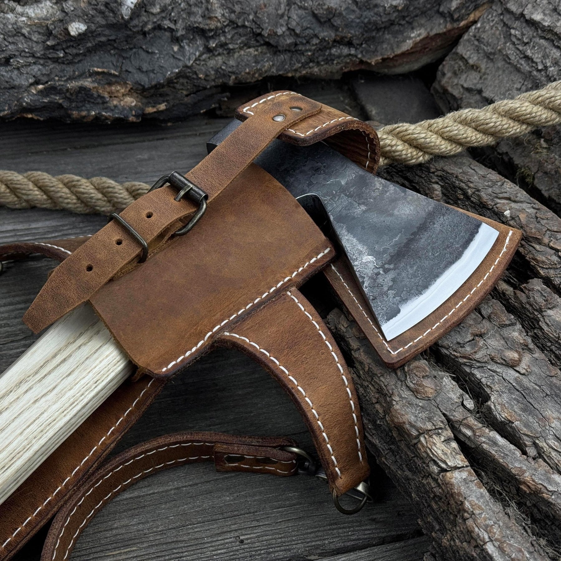 Hand-Forged Bushcraft Hatchet with Leather Back Sheath, 0.74 kg (1.63 lb) detail view by Sharky Forged Steel Tools