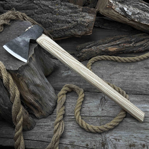 Hand-Forged Bushcraft Hatchet with Leather Back Sheath, 0.74 kg (1.63 lb) detail view by Sharky Forged Steel Tools