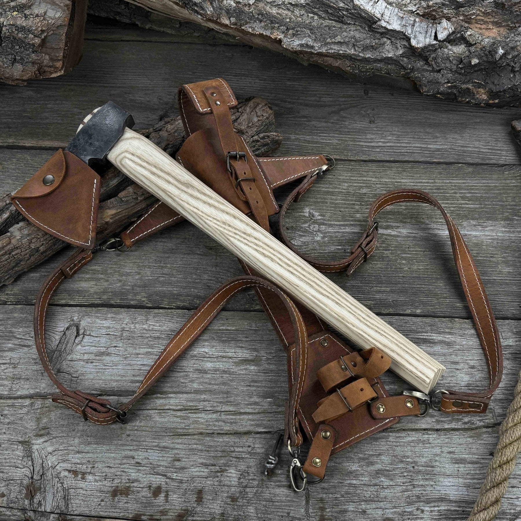 Hand-Forged Bushcraft Hatchet with Leather Back Sheath, 0.74 kg (1.63 lb) detail view by Sharky Forged Steel Tools