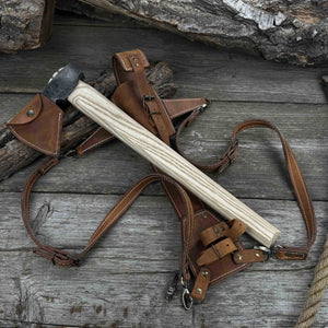 Hand-Forged Bushcraft Hatchet with Leather Back Sheath, 0.74 kg (1.63 lb) detail view by Sharky Forged Steel Tools