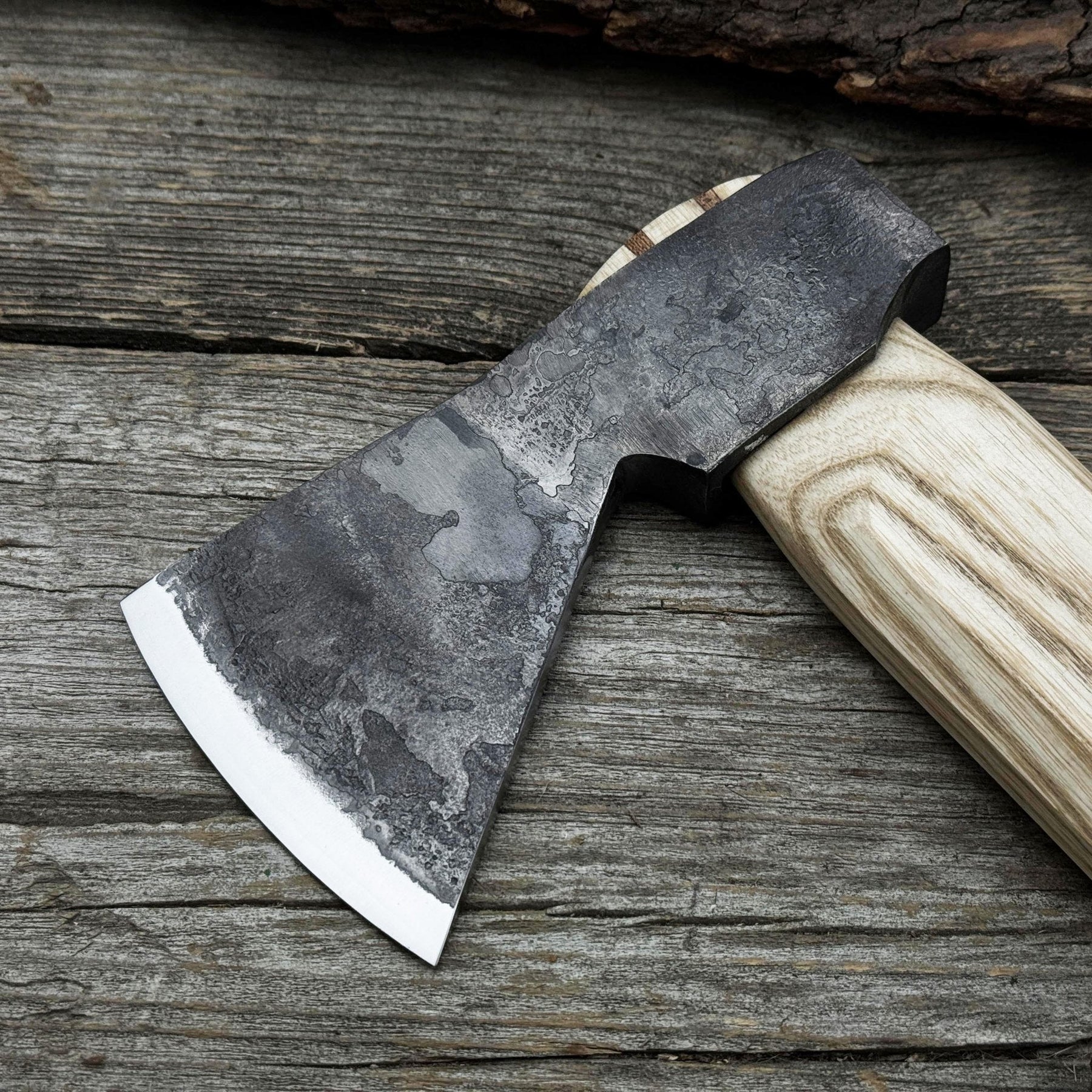 Hand-Forged Bushcraft Hatchet with Leather Back Sheath, 0.74 kg (1.63 lb) detail view by Sharky Forged Steel Tools