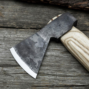 Hand-Forged Bushcraft Hatchet with Leather Back Sheath, 0.74 kg (1.63 lb) detail view by Sharky Forged Steel Tools