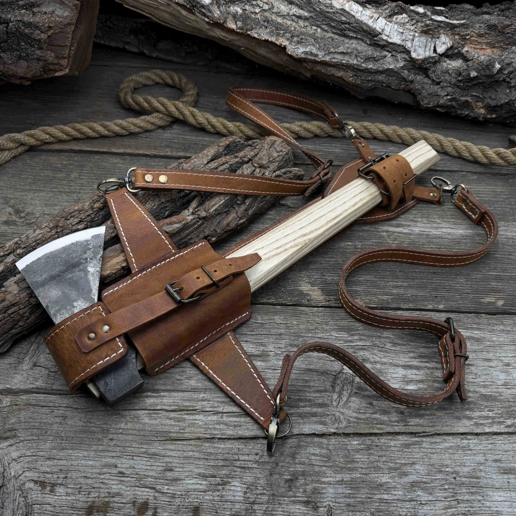 Hand-Forged Bushcraft Hatchet with Leather Back Sheath, 0.74 kg (1.63 lb) detail view by Sharky Forged Steel Tools