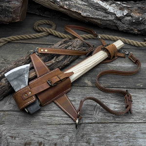 Hand-Forged Bushcraft Hatchet with Leather Back Sheath, 0.74 kg (1.63 lb) detail view by Sharky Forged Steel Tools