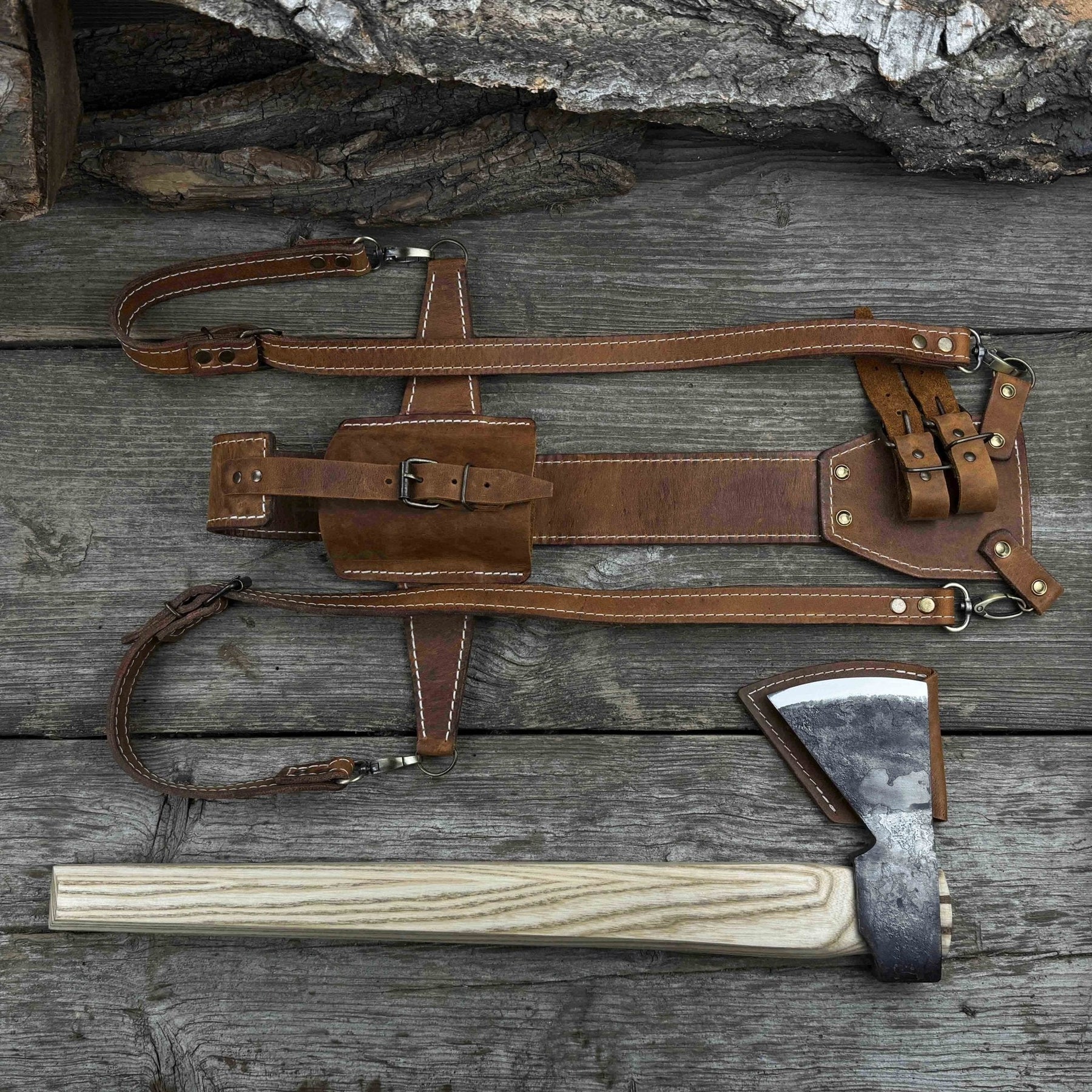 Hand-Forged Bushcraft Hatchet with Leather Back Sheath, 0.74 kg (1.63 lb) detail view by Sharky Forged Steel Tools