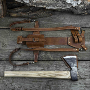 Hand-Forged Bushcraft Hatchet with Leather Back Sheath, 0.74 kg (1.63 lb) detail view by Sharky Forged Steel Tools