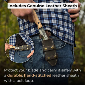 Hand-Forged Bushcraft Knife, 10 cm (3.9 in) Blade with Leather Sheath detail view by Sharky Forged Steel Tools