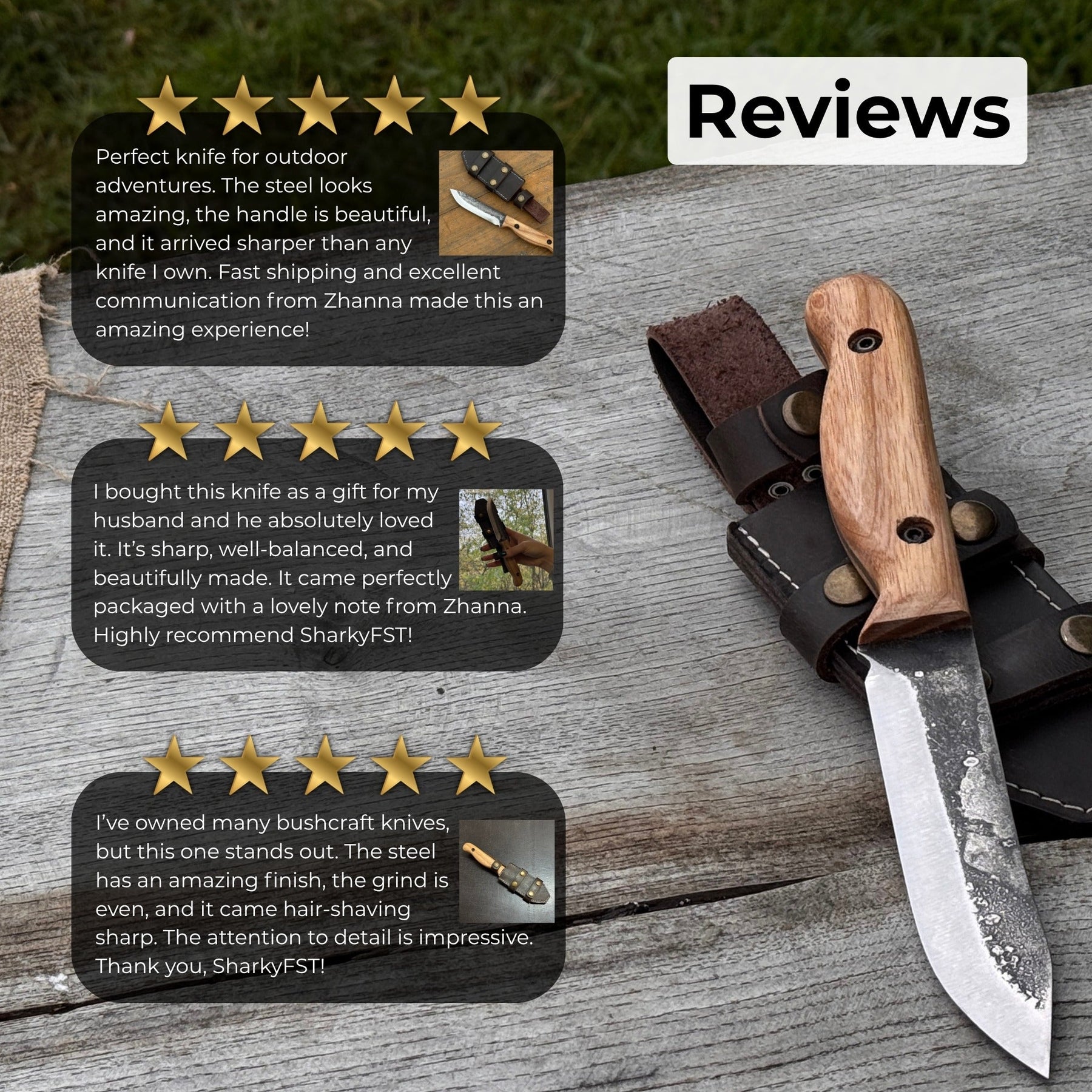Hand-Forged Bushcraft Knife, 10 cm (3.9 in) Blade with Leather Sheath detail view by Sharky Forged Steel Tools
