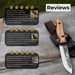 Hand-Forged Bushcraft Knife, 10 cm (3.9 in) Blade with Leather Sheath detail view by Sharky Forged Steel Tools