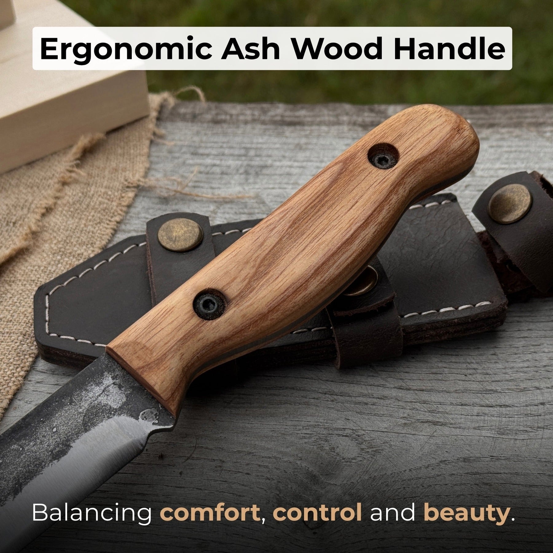 Hand-Forged Bushcraft Knife, 10 cm (3.9 in) Blade with Leather Sheath detail view by Sharky Forged Steel Tools